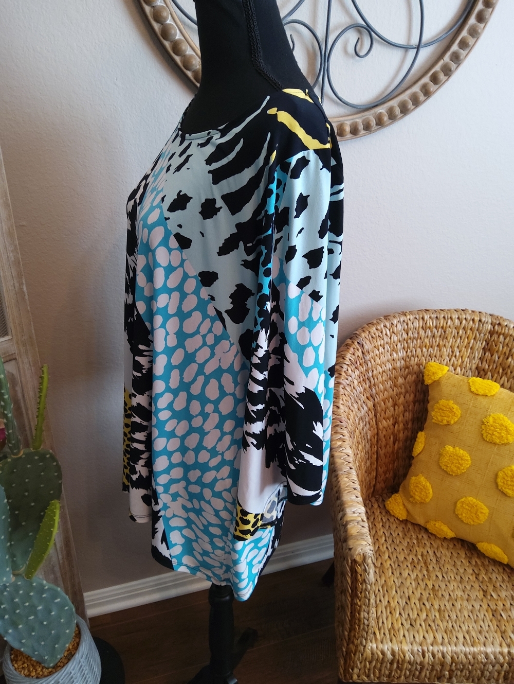 Alfani Multicolor Animal Print Tunic - Black, White, Aqua, Yellow - Picture 9 of 10